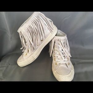 Unique Iridescent White Fringe High Top Converse